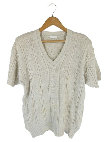 【中古】ラストシーン LAST SCENE ニット 半袖 Vネック コットン ショルダー パッド 総柄 ホワイト系 Q..