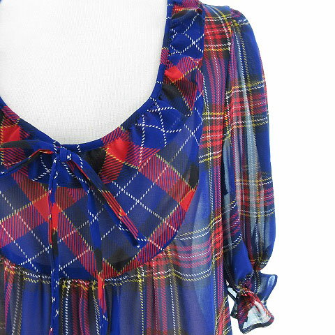 【中古】フリーズフレーズ FREE'S PHRASE チュニック 五分袖 チェック シースルー ブルー 青 赤 M レディース 【ベクトル 古着】 190219 ブランド古着ベクトルプレミアム店