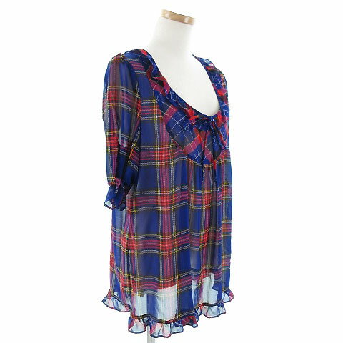 【中古】フリーズフレーズ FREE'S PHRASE チュニック 五分袖 チェック シースルー ブルー 青 赤 M レディース 【ベクトル 古着】 190219 ブランド古着ベクトルプレミアム店