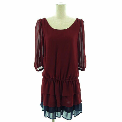 【中古】マンゴ MANGO ワンピース ひざ丈 七分袖 ティアード裾 エンジ ネイビー 紺 S レディース 【ベクトル 古着】 200320 ベクトルプレミアム店