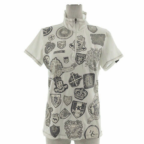 【中古】ヒールクリーク Heal Creek ポロシャツ 半袖 ハーフジップ スタンドカラー ひび割れプリント ストレッチ オフ白 マルチカラー 40 レディース 【ベクトル 古着】 230123表記サイズ40 (日本サイズL程度）実寸サイ...