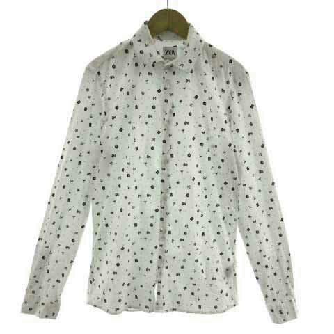 【中古】ザラ ZARA シャツ SUPERSLIM FIT 長袖 プリント 総柄 コットン混 ホワイト 白 ブラック 黒 S メンズ 【ベクトル 古着】 230826