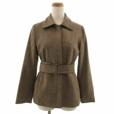 【中古】23区 オンワード樫山 ジャケット ステンカラー パイピング ベルト ツイード ウール ブラウン 茶 32 レディース 【ベクトル 古着】 210425