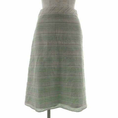 【中古】ルージュヴィフ Rouge vif スカート ミディ丈 フリル 日本製 ボーダー グリーン 緑 グリーングレー ベージュ グレー 1 レディース 【ベクトル 古着】 211009