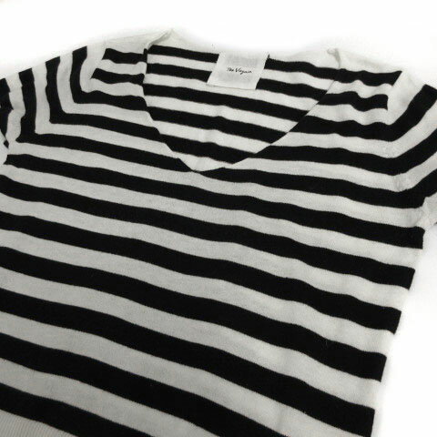 【中古】ザヴァージニア The Virgnia ニット 半袖 ボーダー Vネック コットン ブラック 黒 ホワイト 白 900 レディース 【ベクトル 古着】 211010