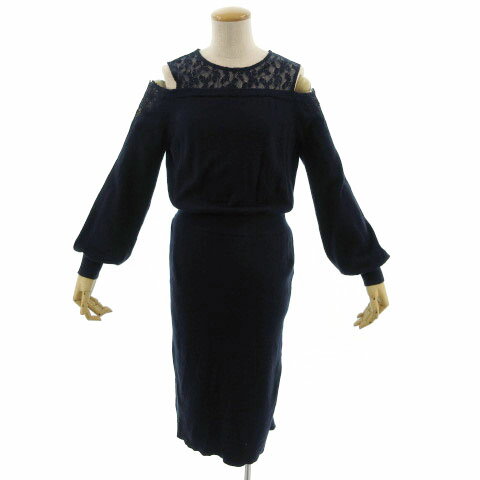【中古】マーキュリーデュオ MERCURYDUO ワンピース ミディ丈 タイト オープンショルダー 長袖 レース ニット ネイビー 紺 F レディース 【ベクトル 古着】 220207