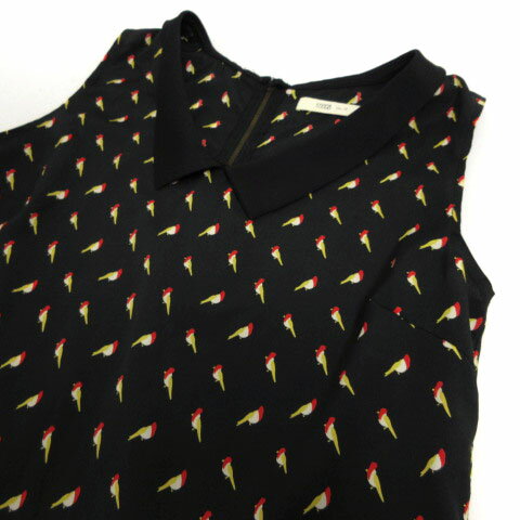 【中古】ローリーズファーム LOWRYS FARM カットソー ノースリーブ 裾フレア バックジップ 総柄 鳥柄 ブラック 黒 マルチカラー F レディース 【ベクトル 古着】 220308