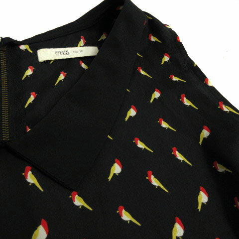 【中古】ローリーズファーム LOWRYS FARM カットソー ノースリーブ 裾フレア バックジップ 総柄 鳥柄 ブラック 黒 マルチカラー F レディース 【ベクトル 古着】 220308