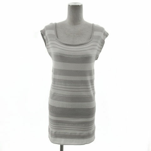 【中古】セシルマクビー CECIL McBEE セットアップ 上下セット カットソー スクエアーネック フレンチスリーブ スカート ミディ丈 ボーダー グレー ホワイト 白 シルバー M レディース 【ベクトル 古着】 220706