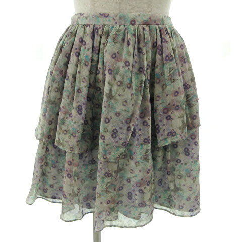【中古】シンシアローリー CYNTHIA ROWLEY スカート ミニ フレア ティアード シルク100％ 総柄 ベージュ系 グリーン 緑 パープル 紫 マルチカラー 2 レディース 【ベクトル 古着】 220506