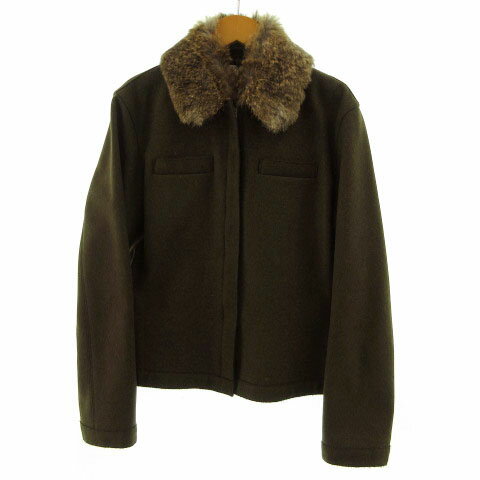 【中古】23区 オンワード樫山 ジャケット アウター リアルファー ステンカラー ジップアップ 混合メルトンウール カーキ 緑系 38 レディース 【ベクトル 古着】 220601