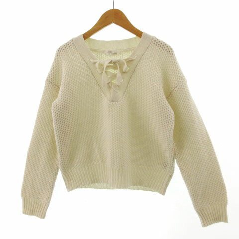 【中古】フリージアバイフリーズマート Freesia by FREE'S MART ニット 長袖 Vネック レースアップ 厚手 ウール混 アイボリー FR レディース 【ベクトル 古着】 220503