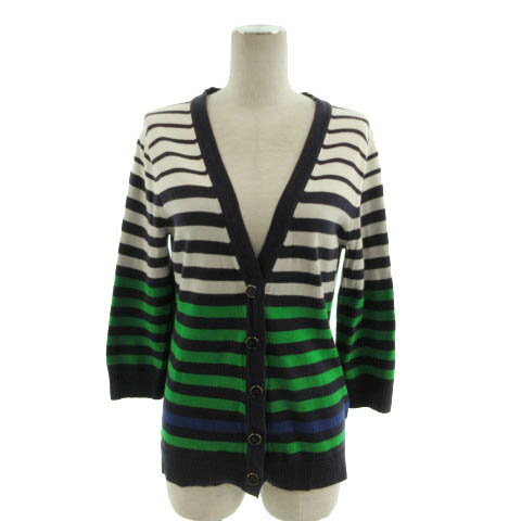 【中古】バナナリパブリック BANANA REPUBLIC カーディガン ニット 七分袖 コットン ボーダー ネイビー 紺 オフ白 ライトグレー グリーン 緑 ブルー 青 M レディース 【ベクトル 古着】 230224