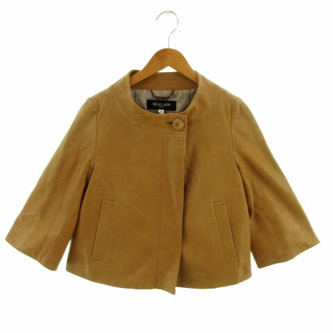【中古】ミッシェルクラン MICHEL KLEIN ジャケット ノーカラー 七分袖 フレアスリーブ 羊革 レザー ベージュ系 黄土色 38 レディース 【ベクトル 古着】 221216(4)