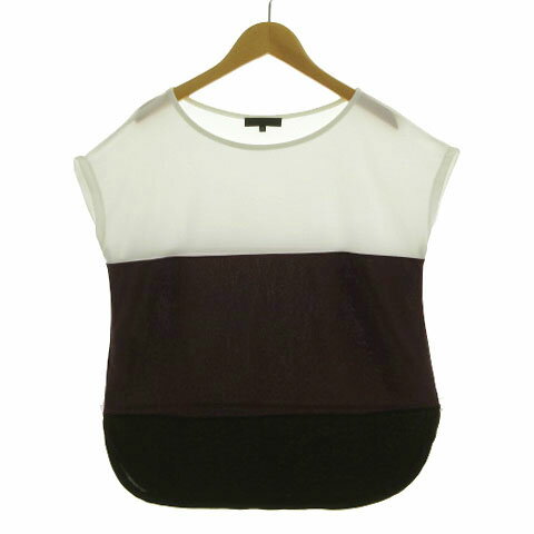 【中古】アイシービー iCB カットソー ボートネック フレンチスリーブ 配色 オフ白 ブラック 黒 ブラウン系 茶系 S レディース 【ベクトル 古着】 240820