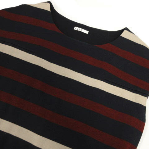 【中古】エル ELLE ワンピース マタニティウエア フレンチスリーブ ミディ丈 リボンベルト ウール混 日本製 ボーダー ネイビー 紺 レッド 赤 ベージュ MーL レディース 【ベクトル 古着】 230421 2