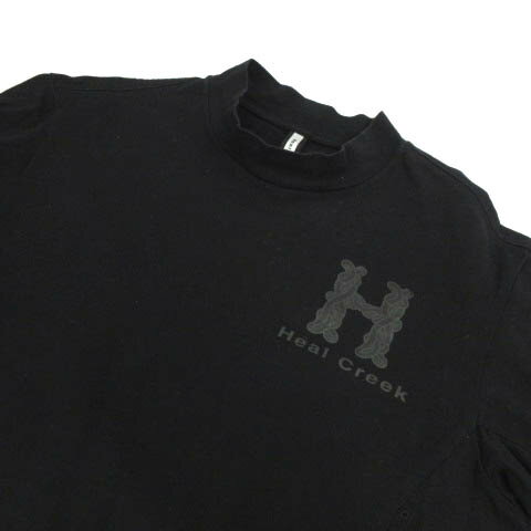【中古】ヒールクリーク Heal Creek シャツ ハイネック 半袖 ロゴプリント 日本製 コットン ブラック 黒 52 大きいサイズ メンズ 【ベクトル 古着】 250305