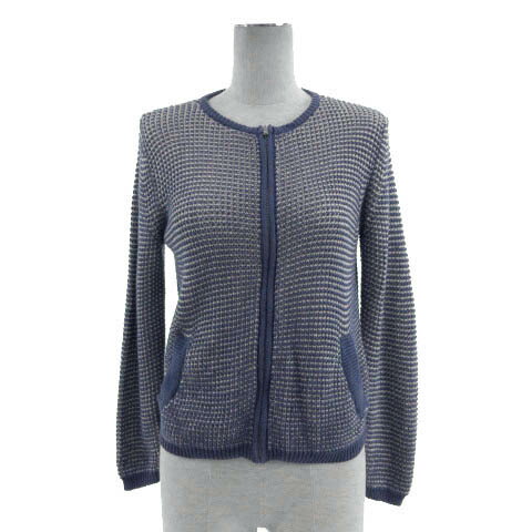 【中古】シンプリシテェ Simplicite ジャケット ニット ノーカラー 長袖 ジップアップ リネン混 ミックス糸 ブルー系 青系 ホワイト 白 レディース 【ベクトル 古着】 230508