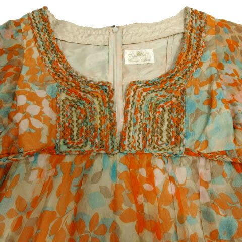 【中古】グレースクラス GRACE Class ワンピース ビーズ 半袖 ひざ丈 リボン シルク100％ リーフ柄 ベージュ オレンジ ブルー系 青系 ブラウン 茶 36 レディース 【ベクトル 古着】 230428