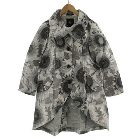 【中古】アコーレ レフルイ Le-Fluy コート ボリュームカラー 花柄 ヒマワリ ライトグレー グレー ブラック 黒 M レディース 【ベクトル 古着】 230512