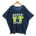 【中古】ロデオクラウンズワイドボウル RODEO CROWNS WIDE BOWL RCWB ワンピース 五分袖 ひざ丈 裾カットオフ ロゴプリント オーバーサイズシルエット コットン ブルー系 青系 蛍光グリーン ホワイト 白 F レディース 【ベクトル 古着】 230616