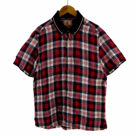 【中古】バラクータ BARACUTA シャツ ボタンダウン 襟切替え 半袖 日本製 リネン100％ チェック レッド 赤 ネイビー 紺 ホワイト 白 メンズ 【ベクトル 古着】 230612