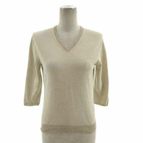 【中古】ブルックスブラザーズ BROOKS BROTHERS ニット Vネック 七分袖 コットン混 ボーダー ベージュ ..