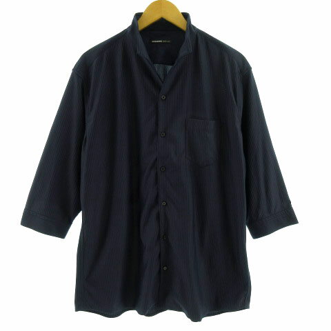 【中古】ハイダウェイ ニコル HIDEAWAYS BLACK by NICOLE シャツ 襟ワイヤー入り 七分袖 胸ポケ ストライプ ネイビー 紺 ブルー系 青系 54 大きいサイズ メンズ 【ベクトル 古着】 230901