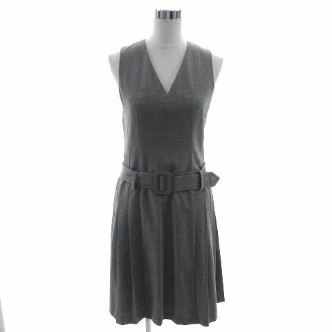 Sleeveless - 【中古】ベルナールペリス BERNARD PERRIS ワンピース Vネック ノースリーブ ひざ丈 ベルト付 プリーツ 日本製 ウール グレー 40 レディース 【ベクトル 古着】 231003