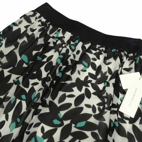 【中古】未使用品 エロディネルソン ELODIE NELSON スカート ギャザー フレア ミディ丈 日本製 総柄 アイボリー ブラック 黒 グリーン 緑 40 レディース 【ベクトル 古着】 231022