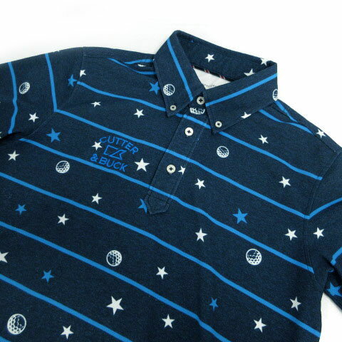 【中古】カッターアンドバック CUTTER&BUCK ポロシャツ ボタンダウン 半袖 ロゴ刺繍 速乾 プリント スター 星 ボール ボーダー ネイビー 紺 ブルー 青 ホワイト 白 M メンズ 【ベクトル 古着】 240224