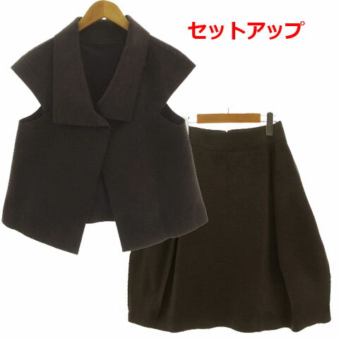 【中古】ヒロコビス HIROKO BIS セットアップ ジャケット ボリュームカラー フレンチスリーブ スカート フレア ミディ丈 起毛 ウール ブラウン系 茶系 9 レディース 【ベクトル 古着】 240421