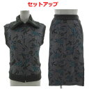 【中古】ヒロコビス HIROKO BIS セットアップ 中綿入りキルティング ニット切替え ベスト ジップアップ スカート ミモレ丈 ウエストゴム 花柄 グレー系 マルチカラー 9 レディース 【ベクトル 古着】 240717(4)