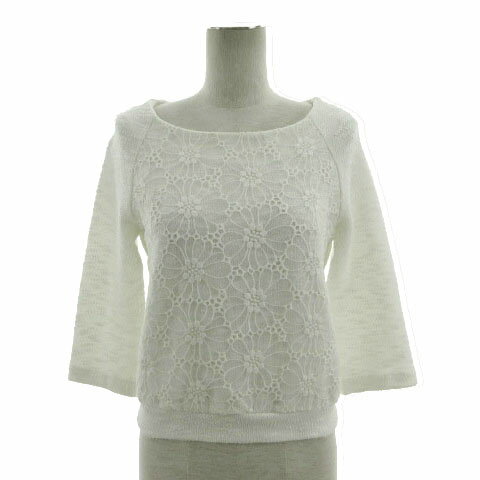 【中古】ストロベリーフィールズ STRAWBERRY-FIELDS ニット 花柄レース切替え ボートネック 七分袖 日本製 コットン混 オフ白 レディース 【ベクトル 古着】 240602