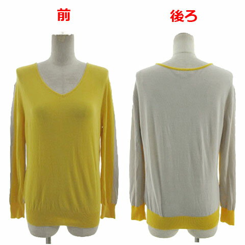 V-Neck - 【中古】ポールスチュアート PAUL STUART ニット Vネック 長袖 配色 バイカラー コットン混 イエロー 黄色 グレー 6 レディース 【ベクトル 古着】 240606