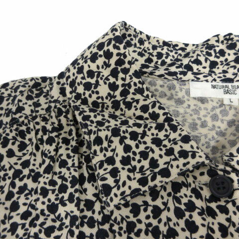 【中古】ナチュラルビューティーベーシック NATURAL BEAUTY BASIC ワンピース シャツワンピ フレンチスリーブ ひざ丈 リボンベルト 小花柄 アイボリー ネイビー 紺 L レディース 【ベクトル 古着】 240630