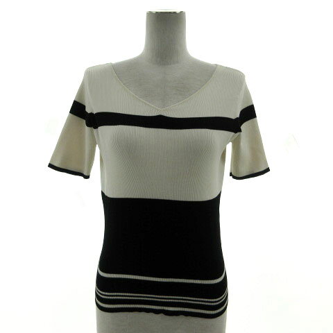 V-Neck - 【中古】ボールジー BALLSEY トゥモローランド リブニット Vネック 半袖 シルク61％ 配色 アイボリー ブラック 黒 S レディース 【ベクトル 古着】 240706