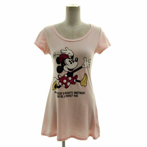 【中古】セシルマクビー CECIL McBEE ディズニー Disney Tシャツ ミニーマウス かすれプリント ラインストーン 半袖 コットン ピンク F レディース 【ベクトル 古着】 240715