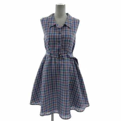 【中古】ティティー&コー TITTY&CO ワンピース シャツワンピ ノースリーブ ミディ丈 ベルト付き コットン混 チェック ブルー系 青系 ピンク ネイビー 紺 ホワイト 白 M レディース 【ベクトル 古着】 240816