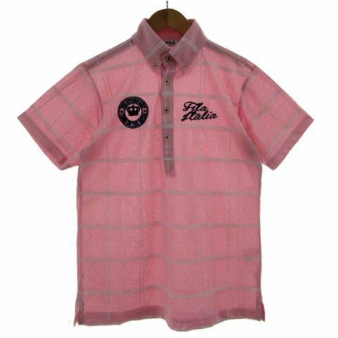 Polo Shirt - 【中古】フィラゴルフ FILA GOLF ポロシャツ ロゴ刺繍 ボタンダウン 半袖 速乾 格子柄 ピンク ホワイト 白 M メンズ 【ベクトル 古着】 240817