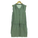 【中古】シンプリシテェ Simplicite ワンピース フリルネック V襟 ノースリーブ フリル ミディ丈 ウエストドローコード 日本製 リーフ柄 グリーン 緑 カーキベージュ レディース 【ベクトル 古着】 240902(4)