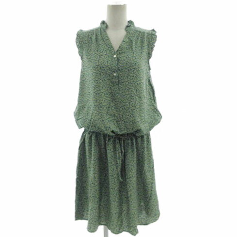 【中古】シンプリシテェ Simplicite ワンピース フリルネック V襟 ノースリーブ フリル ミディ丈 ウエストドローコード 日本製 リーフ柄 グリーン 緑 カーキベージュ レディース 【ベクトル 古着】 240902