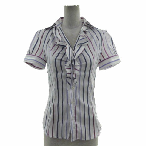 【中古】ナラカミーチェ NARA CAMICIE シャツ スキッパーカラー フリル 半袖 ストレッチ コットン混 ストライプ ホワイト 白 パープル 紫 エンジパープル 1 レディース 【ベクトル 古着】 240912