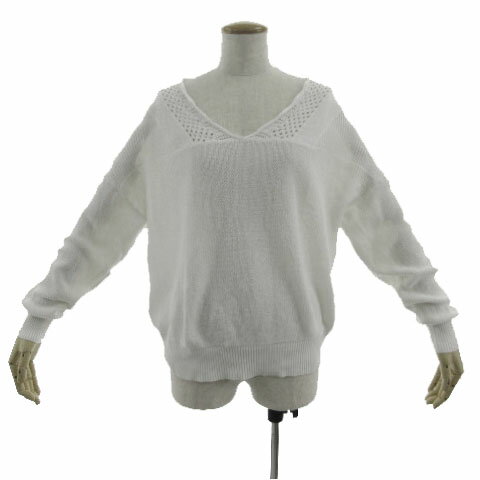 V-Neck - 【中古】クミキョク 組曲 KUMIKYOKU ニット Vネック 鍵編み 切替え 長袖 コットン ホワイト 白 2 レディース 【ベクトル 古着】 240925