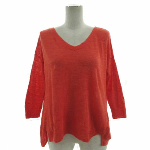 V-Neck - 【中古】ナチュラルビューティーベーシック NATURAL BEAUTY BASIC ニット Vネック 七分袖 裾スリット リネン混 オレンジ系 M レディース 【ベクトル 古着】 241005