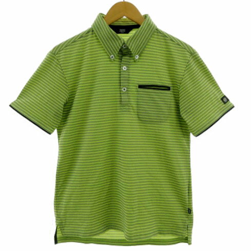 【中古】タケオキクチ TAKEO KIKUCHI SPORT ポロシャツ ボタンダウン 胸ポケ ロゴワッペン 半袖 日本製 ボーダー グリーン系 黄緑 深緑 L メンズ 【ベクトル 古着】 241202