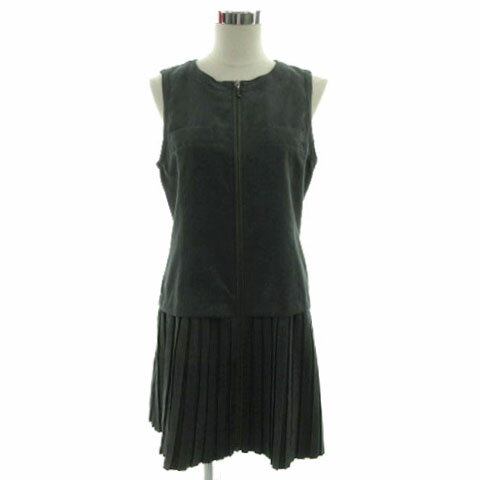 【中古】ヒロコビス HIROKO BIS ワンピース ノースリーブ プリーツ ミディ丈 ジップアップ スウェード調 ピーチスキン生地 グレー系 グレーカーキ 11 レディース 【ベクトル 古着】 241223