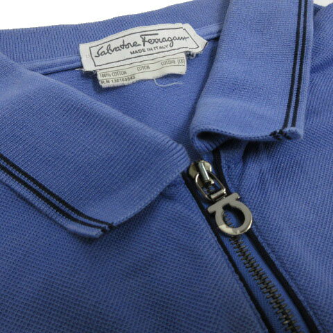 【中古】サルヴァトーレフェラガモ Salvatore Ferragamo ポロシャツ ハーフジップ ガンチーニ ロゴ刺繍 半袖 イタリア製 コットン ブルー系 青系 メンズ 【ベクトル 古着】 250113