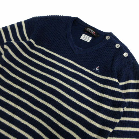 【中古】ルコックスポルティフ le coq sportif GOLF COLLECTION ニット セーター Vネック ロゴ刺繍 ショルダーボタン 長袖 リブ ボーダー ネイビー 紺 アイボリー M メンズ 【ベクトル 古着】 250212