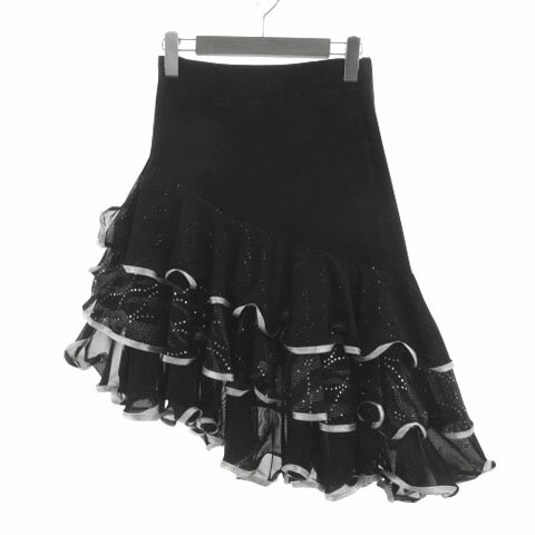 【中古】un?2 社交ダンス スカート アシンメトリー レースティアード スパンコール フリル ミディ丈 ウエストゴム ストレッチ ブラック 黒 シルバー レディース 【ベクトル 古着】 250206